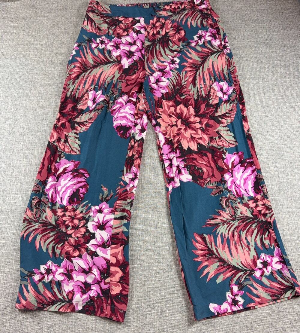 Soft Surroundings Yesenia Pants L Teal Pink Floral Wide Leg Boho Elastic Waist